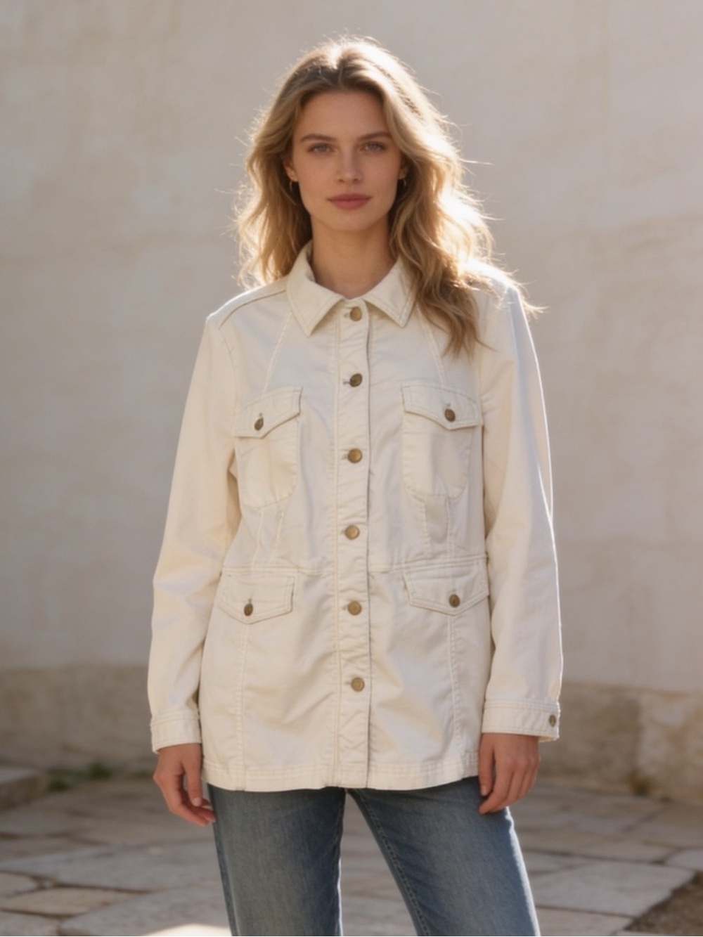 Chico’s White Safari Utility Jacket Cargo Button Front Stretch Large 12 14